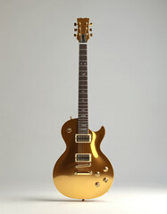 Obraz premium Shiny gold electric guitar stands on gray background. Modern musical instrument design for rock music performance. Luxury music equipment at concert stage or music recording studio.