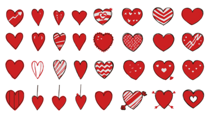 A diverse collection of stylized red heart illustrations, each distinctively hand-drawn with various patterns and textures, perfect for conveying love, romance, and heartfelt emotions