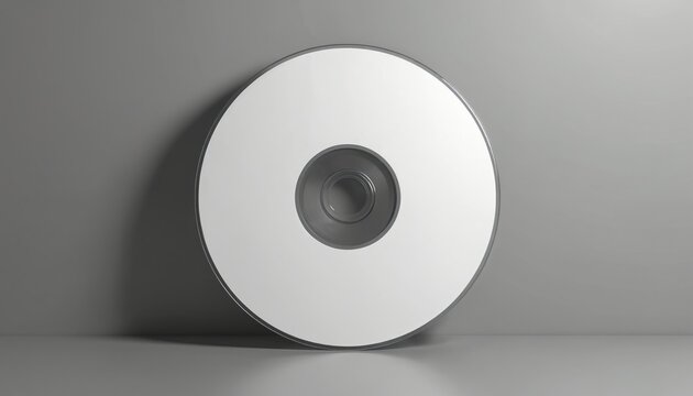 Clean photo of a blank CD mockup for design. Isolated disc on grey backdrop for presentation. Empty template for branding or media projects. Ideal for various creative uses.