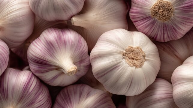 Close-up of fresh garlic bulbs with purple stripes and natural texture.