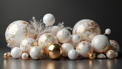 Obraz premium Glossy white, gold balls, with snowflake patterns. Luxury decor arranged on dark reflective surface. Modern elegant design for celebration. Festive abstract art creates rich background. Shiny