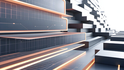 Futuristic 3D rendering of sleek modern architecture with neon lights