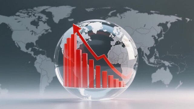 Economic pressure concept featuring rising red bar chart and arrow inside transparent globe over world map background with global economic trends
