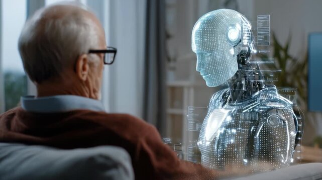 Elderly man interacts with futuristic humanoid robot in modern living room, highlighting integration advanced artificial intelligence in daily life. Scene captures innovation, companionship