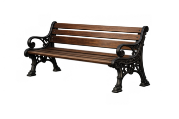 Park bench with wooden slats and ornate cast iron frame providing outdoor seating, isolated on transparent background