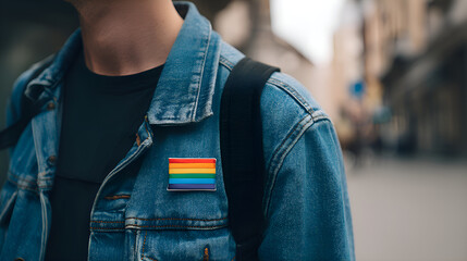 Person wearing denim jacket displaying a rainbow pride flag pin