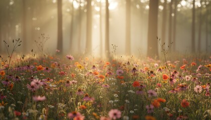 Fototapeta premium A serene forest meadow filled with vibrant wildflowers sways gently in the morning sunlight filtering through tall trees.
