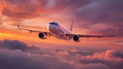 Airplane soaring above clouds at sunset with dramatic sky.