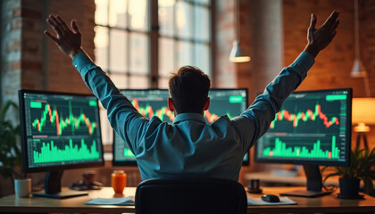Man celebrates trading success, raising arms. Sits at desk with multiple computer screens showing stock market graphs. Trader feels happy about profitable financial investment results. Business