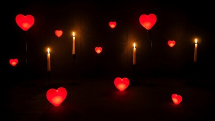 Romantic New Year celebration with candles and glowing red hearts in a dark ambiance on Valentine's evening
