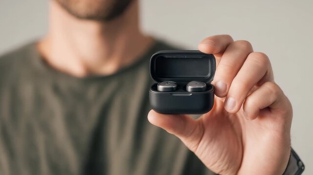 A man holds a pair of modern wireless earbuds in a sleek charging case, showcasing the latest in portable audio technology. The close up highlights minimalist design and convenience