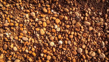 Close-up of smooth, rounded pebbles on a sunlit beach.