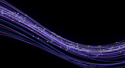 Abstract purple and blue lines with connected silver spheres against a dark background, representing connection, network, or data flow