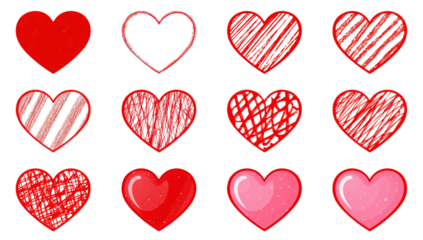 Set of twelve red hearts in different styles, including solid colors, outlines, and scribbled patterns, on a white background