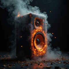 Naklejka premium Loudspeaker engulfed in bright flames and thick smoke. Fiery hot speaker vibrates intensely. Audio sound equipment burns with high energy and extreme heat, creating visual effects.