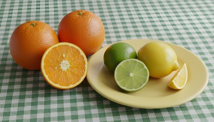 A plate of assorted fresh citrus fruits including oranges, limes, and lemons on a tablecloth.