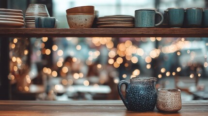 Rustic ceramic cups and plates on wooden shelf with warm bokeh lights in cozy ambient cafe.
