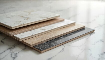 Sample stack of luxury vinyl floor tiles showing diverse patterns textures and colors. Swatches displayed on white marble surface for interior design selection. Material options for home renovation.