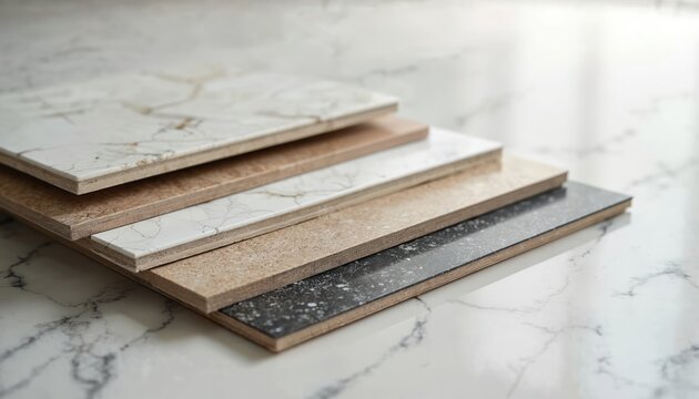 Sample stack of luxury vinyl floor tiles showing diverse patterns textures and colors. Swatches displayed on white marble surface for interior design selection. Material options for home renovation.