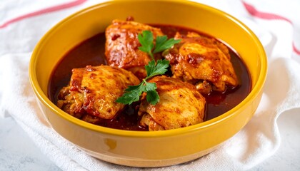 Delicious Chicken Stew in a Yellow Bowl with Parsley.