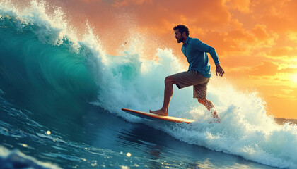Man surfs big ocean wave at sunset with spray and golden sky. He rides surfboard on water with speed and balance. Active watersport in nature, extreme fun.