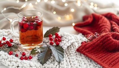 Cozy indoor winter holidays  a serene scene with a warm blanket and a cup of tea