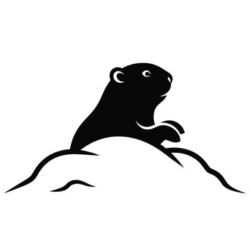 Black silhouette of a groundhog emerging from a mound of earth woodchuck animal