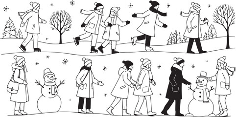 Winter illustration of people ice skating and building snowmen together