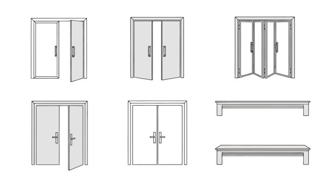 Collection of various door types and benches, including double doors, folding doors, and simple bench designs.
