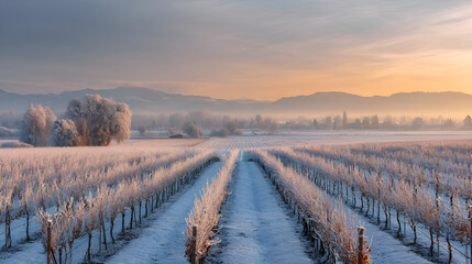 Vineyard rows covered in hoar frost at sunrise