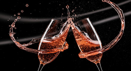 Two champagne glasses clinking, creating a splash of sparkling pink liquid on a black background, representing celebration, success, or special occasion