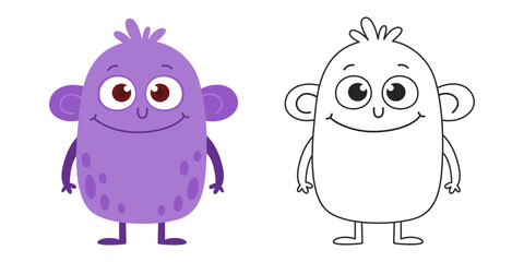 Fototapeta premium Cute Purple Monster Cartoon Character with Big Eyes. Funny Fantasy Creature Vector Illustration and Black Outline Coloring Page. Isolated on White Background.