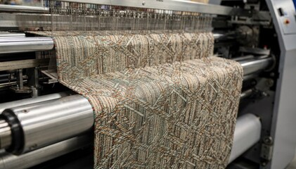 Medium shot of intricate geometric jacquard textile being produced on industrial weaving machines showcasing precision in modern fabric crafting.
