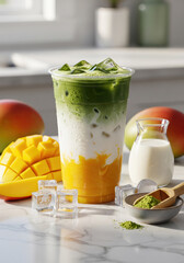 vertical iced mango matcha latte with copy space for social media stories