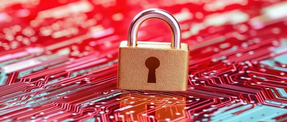 A close up of a golden padlock resting on a vibrant red printed circuit board