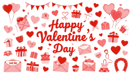 Happy Valentine's Day illustration with hearts, gifts, balloons, and envelopes