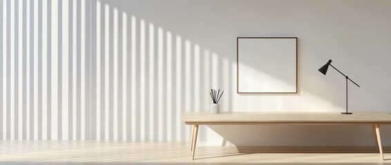 Bright interior scene featuring a wooden desk blank frame lamp and window blind shadow patterns