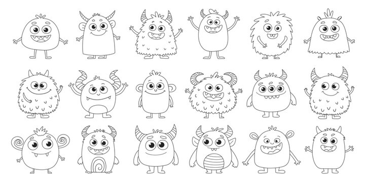 Cute monster coloring page set. Funny cartoon monsters collection for kids. Hand drawn fantasy creatures. Black and white outline flat vector illustration isolated on white background.