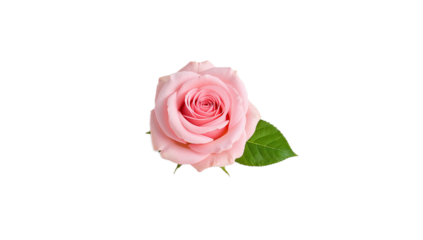 Elegant pink rose blossom with a single vibrant green leaf, beautifully isolated on a clean white background, conveying grace, romance, and natural beauty in a minimalist composition