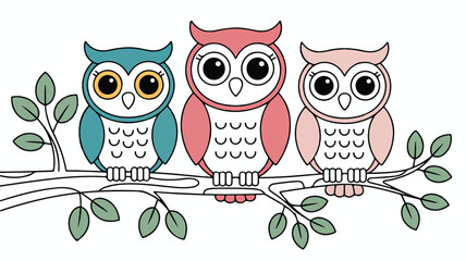 Three colorful cartoon owls sitting on a tree branch with leaves