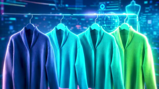 Colorful Smart Clothing Collection Displayed on Digital Hangers Showcasing Fashion Technology Retail Innovation and Modern Apparel Selection