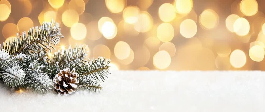Frosted evergreen branch with pinecone resting on white snow with golden bokeh lights