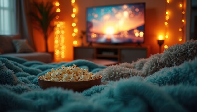Cozy home cinema setup. Soft blankets cover couch, bowl of popcorn rests nearby. Warm fairy lights create inviting ambiance for watching movie on big screen TV.