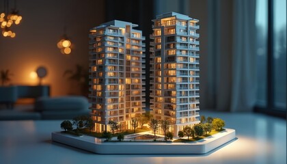 Miniature condo building model on pedestal. Architectural design of luxury high-rise apartment. Modern urban residential development property. Residential building model with illuminated windows.