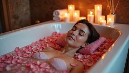 Young woman relaxes in a bath filled with rose petals. Many burning candles provide a warm light. The person enjoys a spa day feeling calmness and peace.
