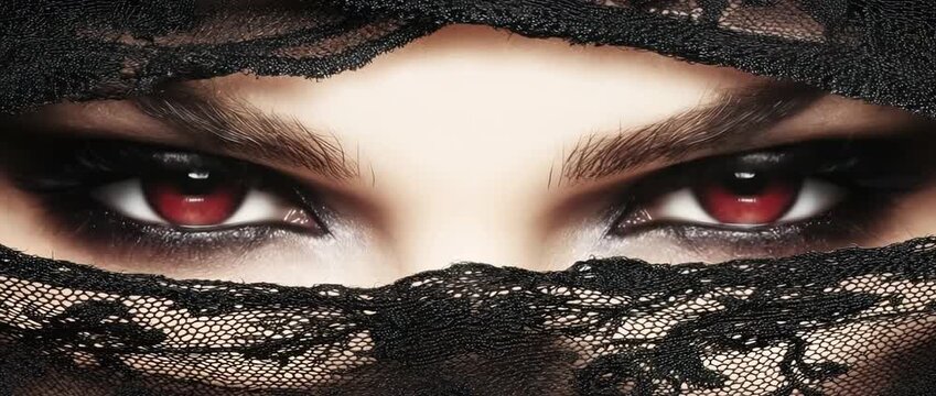Intense close up of striking red eyes peering over a veil of black lace fabric