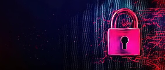 Bright pink glowing padlock against a dark blue digital abstract background with copy space - Powered by Adobe