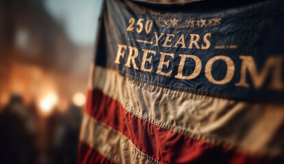 American flag close-up with 250 years of freedom text celebrating Semiquincentennial anniversary with warm firelight gradient background symbolizing historical reflection and patriotism