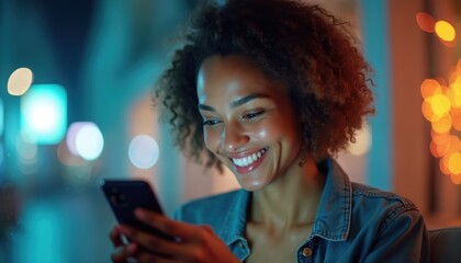 Smiling woman uses smartphone at night. Afro hair female looks at phone screen. Bokeh lights on background. Happy girl surfs internet with modern tech device. Online shopping.