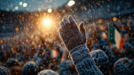 Raised glove covered in snow with cheering crowd waving Italian flags under bright stadium lights at outdoor winter sports event 2026 Milano Cortina